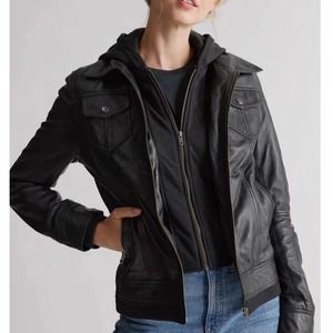 Women’s Quince Black 100% Leather Jacket With Hood New With Tags , Size Medium